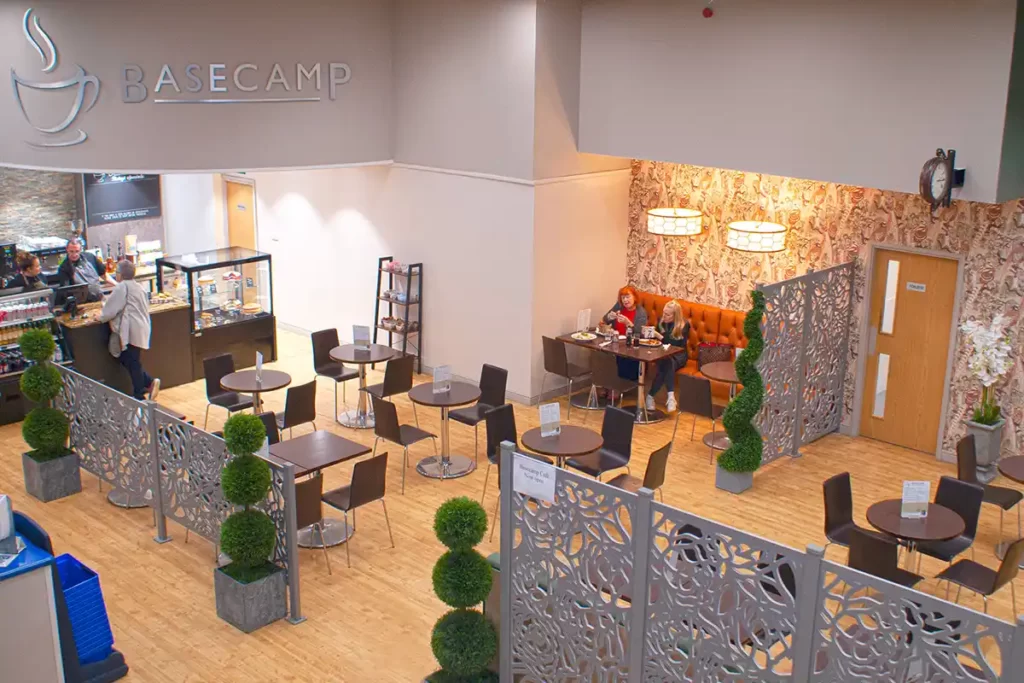 A birds eye view of the Basecamp Cafe seating area inside Towsure